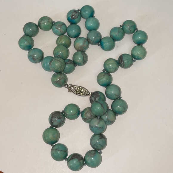 Silver Genuine Turquoise Beads Hand Knotted Vintage Beaded Necklace - Picture 7 of 10
